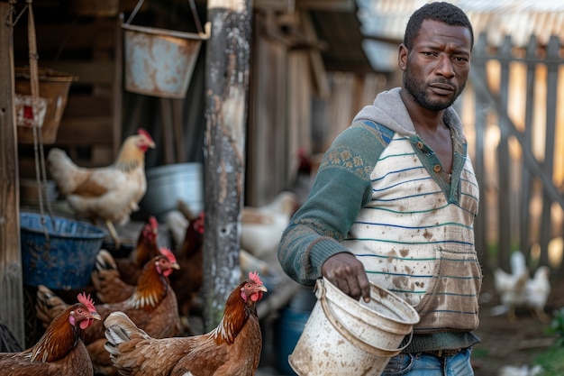 Chicken farm scene with poultry and people