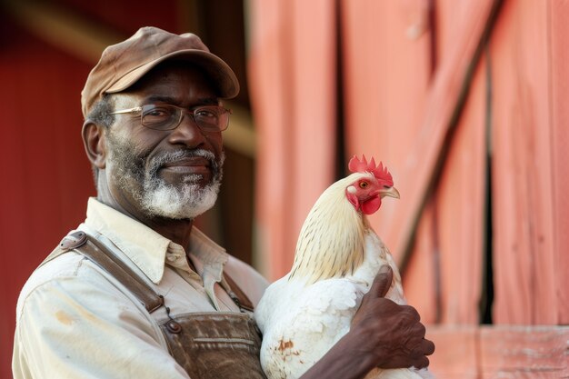 Chicken farm scene with poultry and people