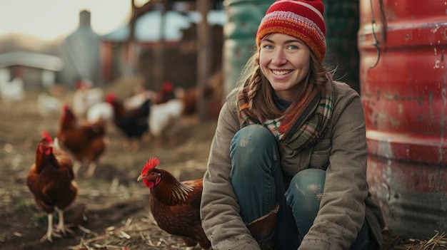 Free photo chicken farm scene with poultry and people