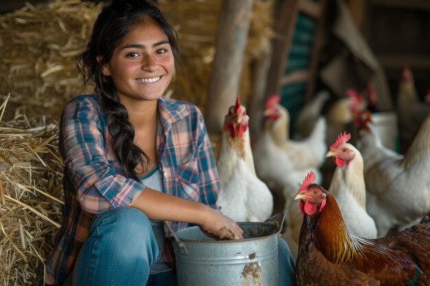 Chicken farm scene with poultry and people