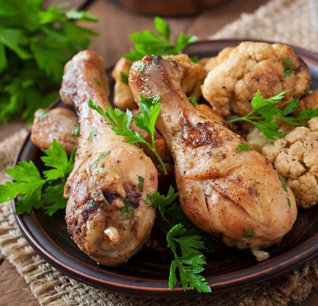 Chicken leg with baked cauliflower and parsley