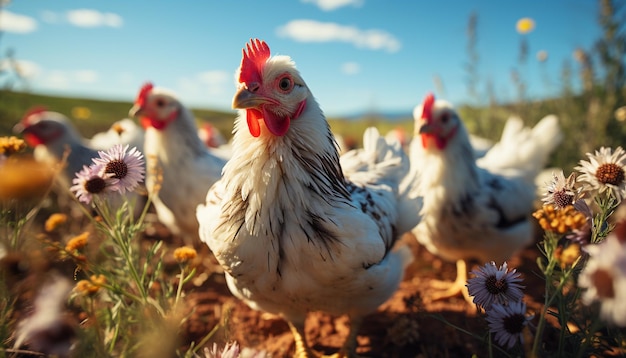 Free photo chickens graze in the meadow enjoying the fresh outdoors generated by artificial intelligence