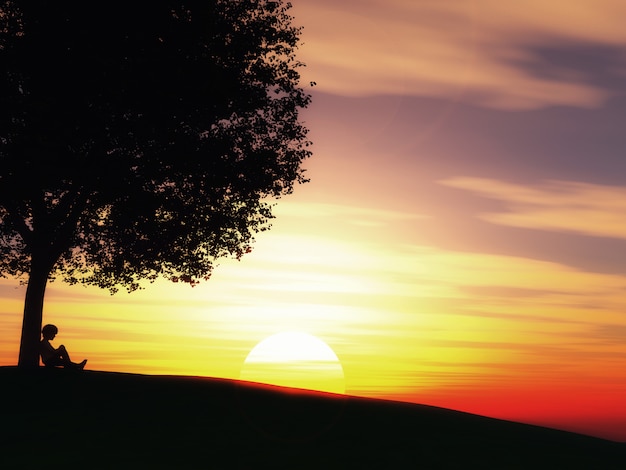 Free photo child sat under a tree against a sunset landscape