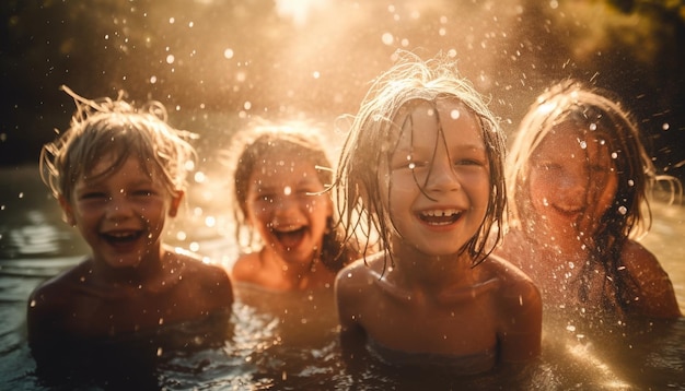 Childhood fun splashing in the pool together generated by AI