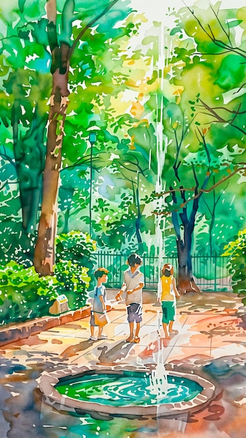 Free photo children playing in the street watercolor