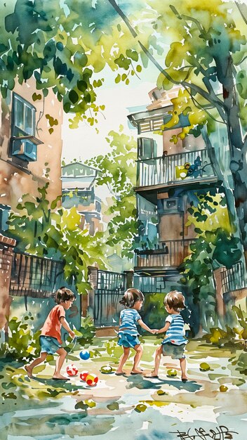 Children playing in the street watercolor