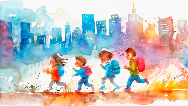 Children playing in the street watercolor