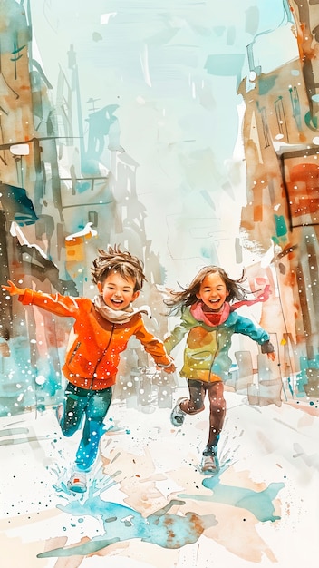 Free photo children playing in the street watercolor