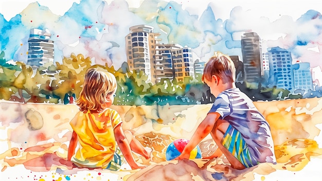 Free photo children playing in the street watercolor