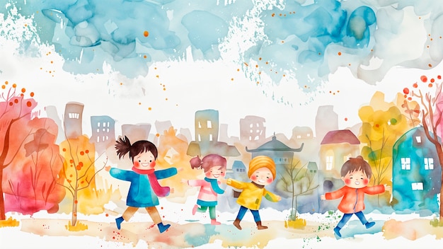 Children playing in the street watercolor