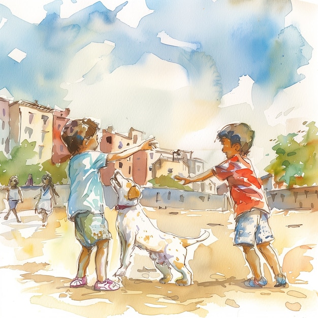 Free photo children playing in the street watercolor