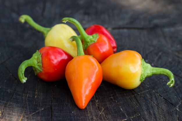 Chili peppers on wooden background