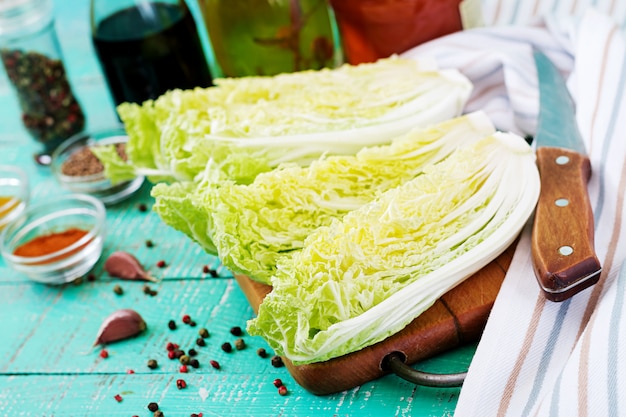 Chinese cabbage. Preparation of ingredients for kimchi cabbage. Korean traditional cuisine.