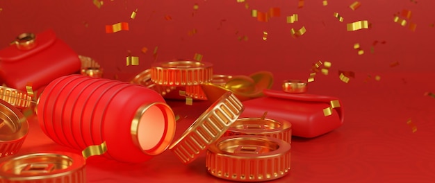 Chinese New Year background with decorations 3d illustration