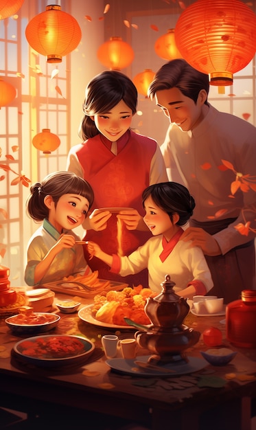 Free photo chinese new year celebration scene in anime style