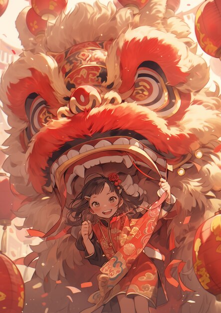 Chinese new year celebration scene in anime style