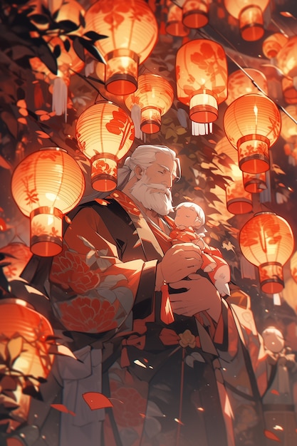 Chinese new year celebration scene in anime style