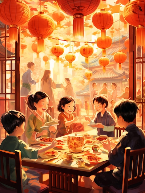 Chinese new year celebration scene in anime style