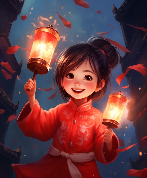 Chinese new year celebration scene in anime style