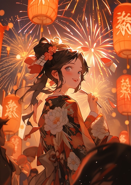 Free photo chinese new year celebration scene in anime style