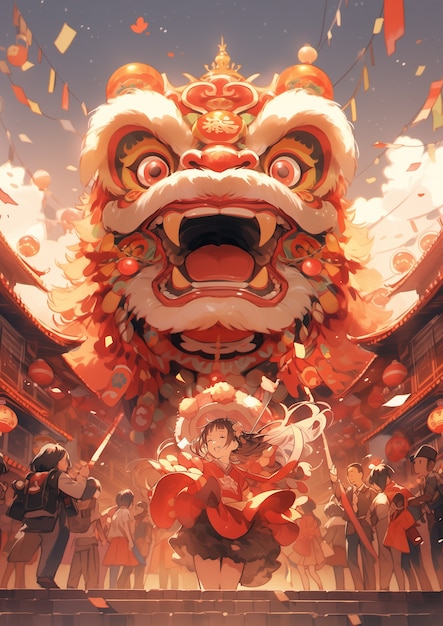 Chinese new year celebration scene in anime style