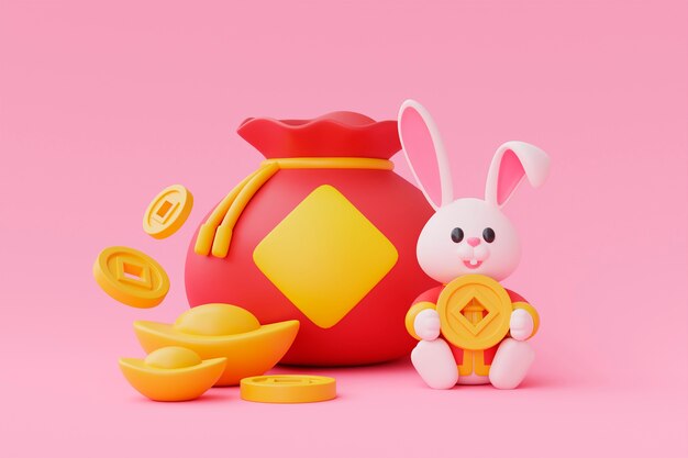 Chinese new year celebration with rabbit and money bag