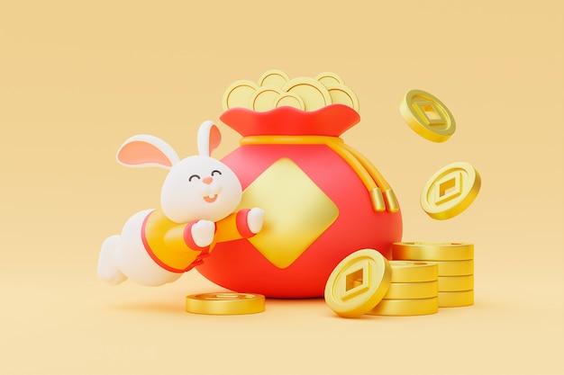 Free Photo chinese new year celebration with rabbit and money bag