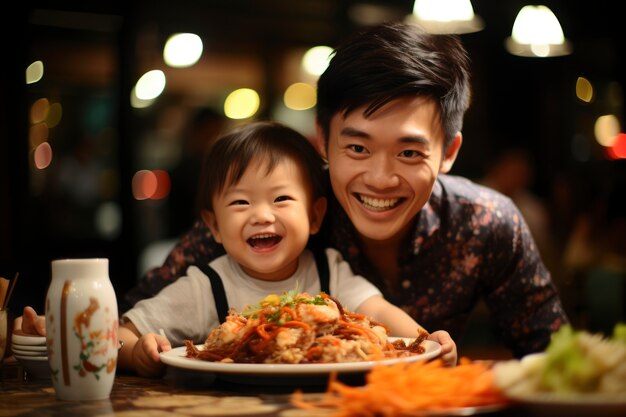 Chinese new year reunion dinner scene with delicious food