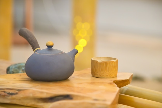 Chinese teapot and bamboo cups, retro style