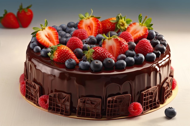 Chocolate cake decorated with forest fruits blueberries strawberries and blackberries Ai generative