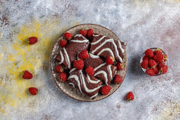 Chocolate cake roll with raspberry jam and butter cream.