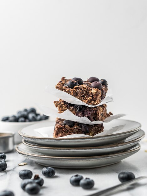 Chocolate cake with blueberries on a plate