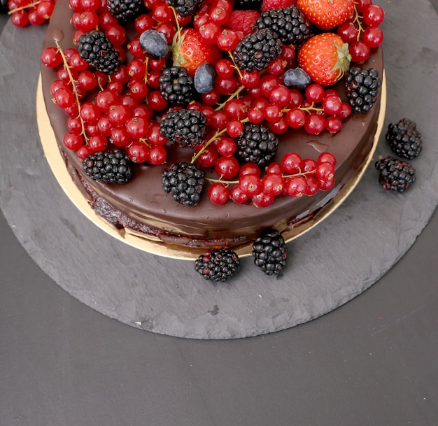 Free photo chocolate cake with red and black currant