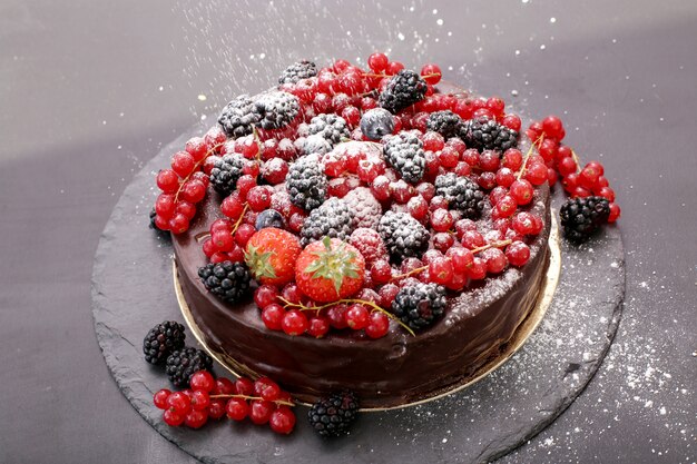 Free photo chocolate cake with red and black currant