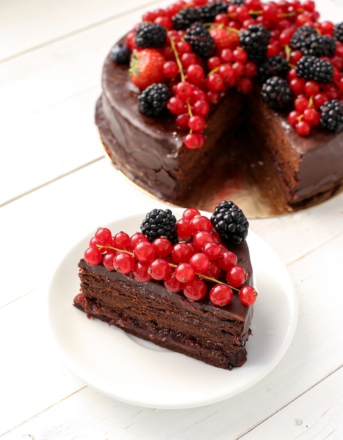 Chocolate cake with red and black currant