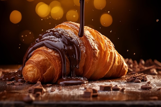 Chocolate croissant fresh baked on wooden table homemade