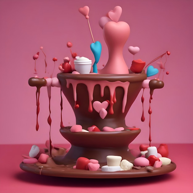 Free photo chocolate fondue with hearts and marshmallows 3d render