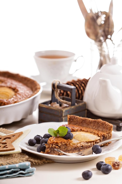 Chocolate frangipane pear tart