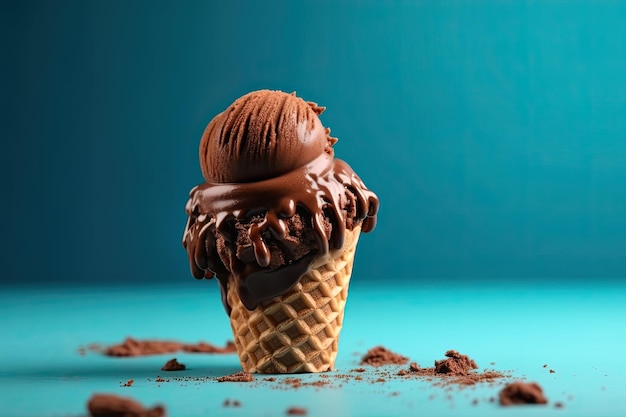 Free photo chocolate ice cream cone on blue background ai generative