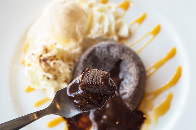 Chocolate lava cake in white plate