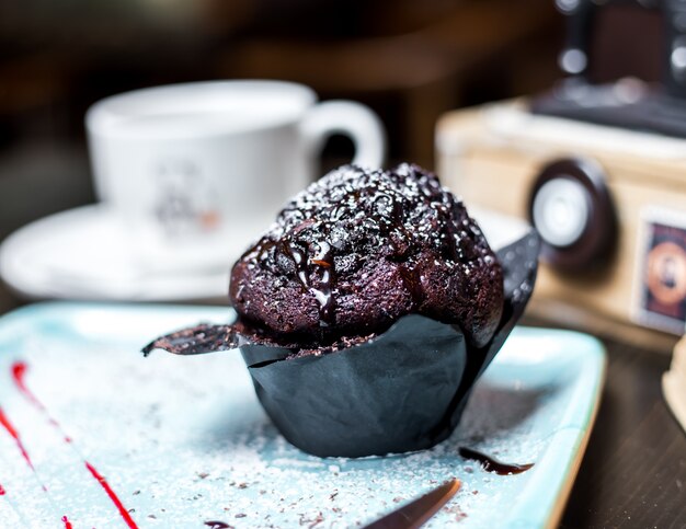 Chocolate muffin with chocolate sauce side view