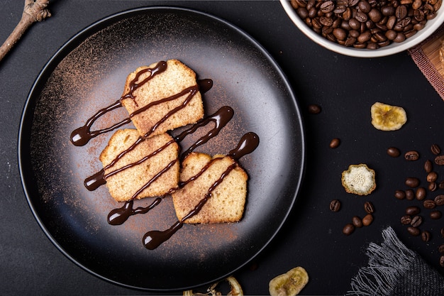 Chocolate sauce on bread top view