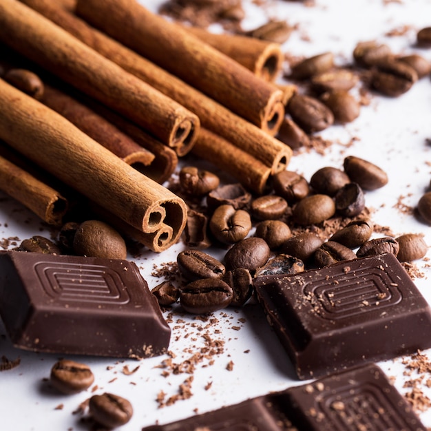 Chocolate with cinnamon and coffee beans