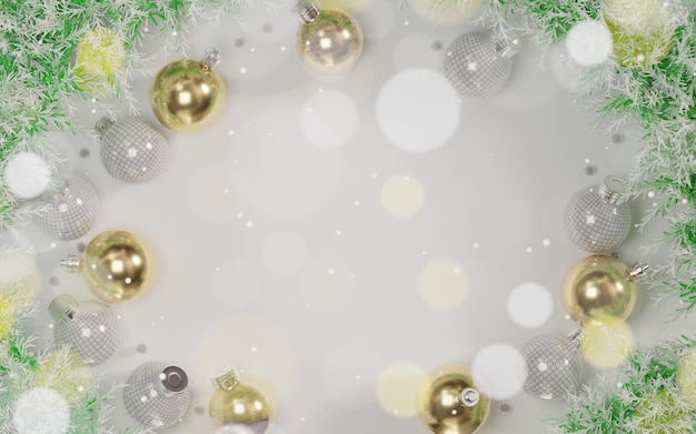 Christmas background with balls and bokeh lights 3d illustration