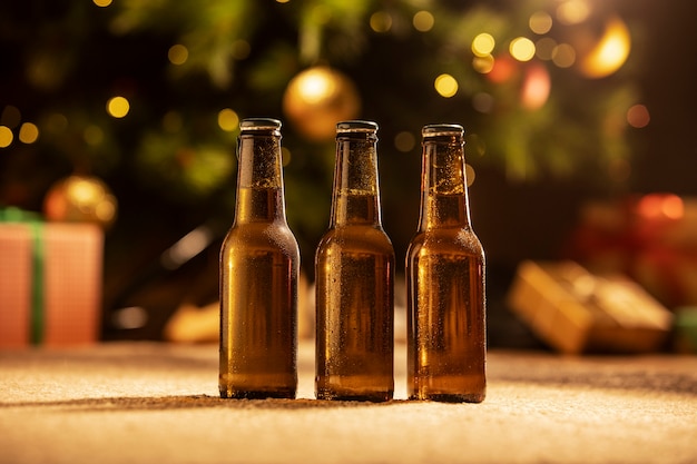 Christmas beer bottles arrangement still life