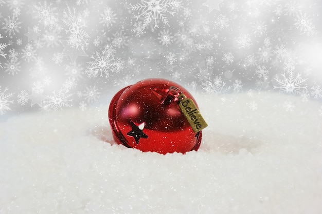 Christmas bell with believe label nestled in snow