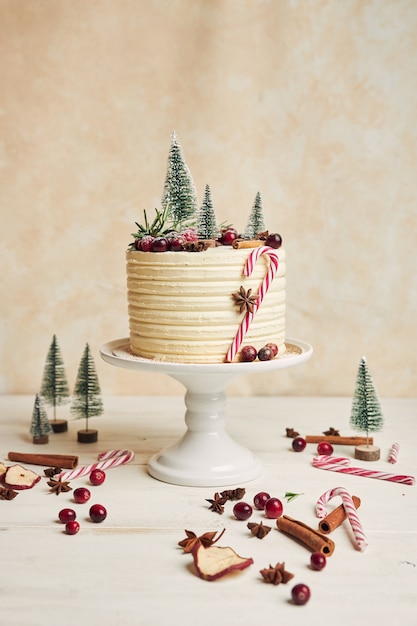 Free photo christmas cake decorated with trees and berries and cinnamon sticks