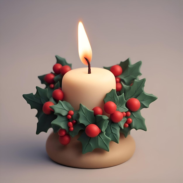 Free photo christmas candle with holly leaves and berries 3d illustration