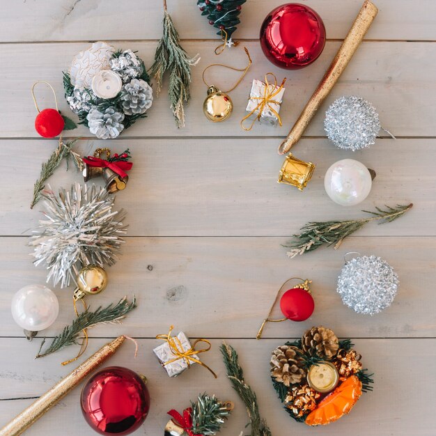 Christmas composition of baubles with candles