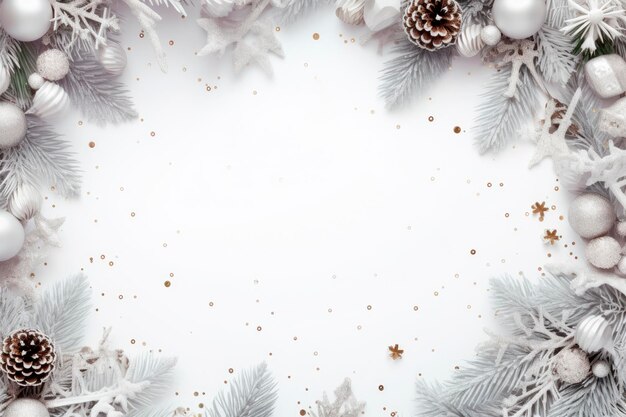 Christmas composition Garland made of white balls and tree branches on white background Christmas winter new year conceptTop view copy space